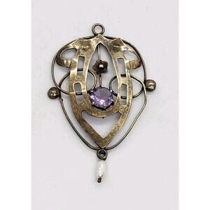 Vintage Art Deco Pendant Lyrical Shield Amethyst Gold Plated Sterling Museum